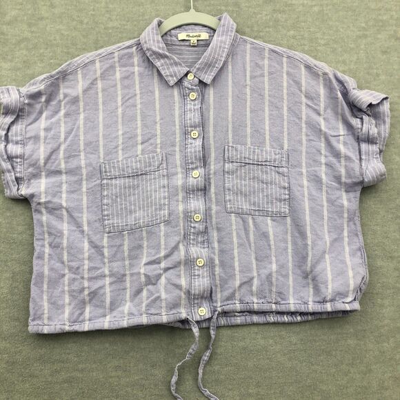Madewell Crop Top Button Shirt Size Medium Linen Blend Short Sleeve Striped - Picture 1 of 14